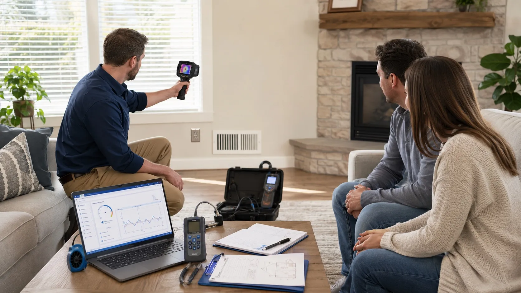 Building scientist running a home wellness assessment with thermal imaging