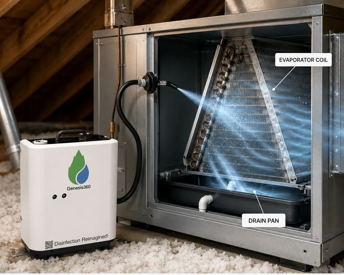 Genesis360 AeroGuard unit fogging an HVAC evaporator coil
